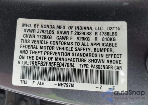 2015 Honda Civic Ex from USA, damaged, VIN 19XFB2F85FE047084